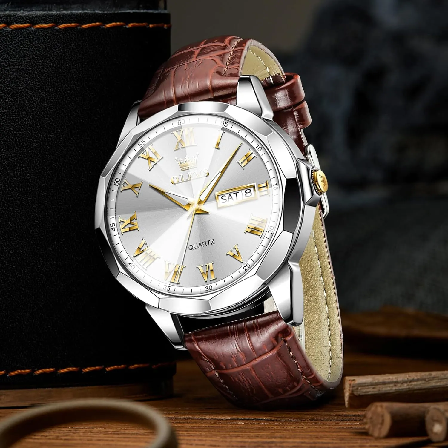 OLEVS Watches for Men Fashion Elegant Leather Band Men Watch Waterproof Quartz Analog Calendar Men's Wrist Watches Blue/White/Black