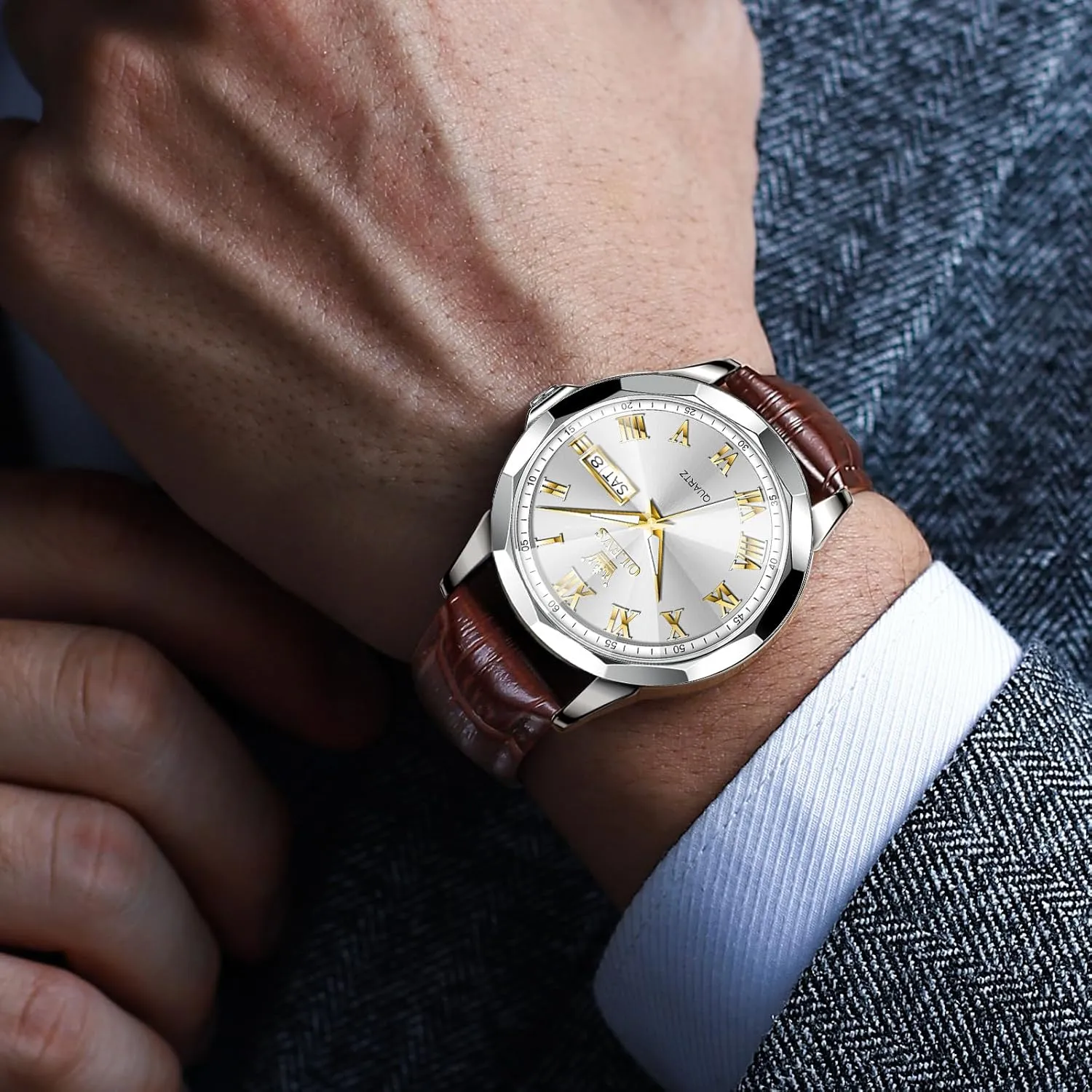 OLEVS Watches for Men Fashion Elegant Leather Band Men Watch Waterproof Quartz Analog Calendar Men's Wrist Watches Blue/White/Black