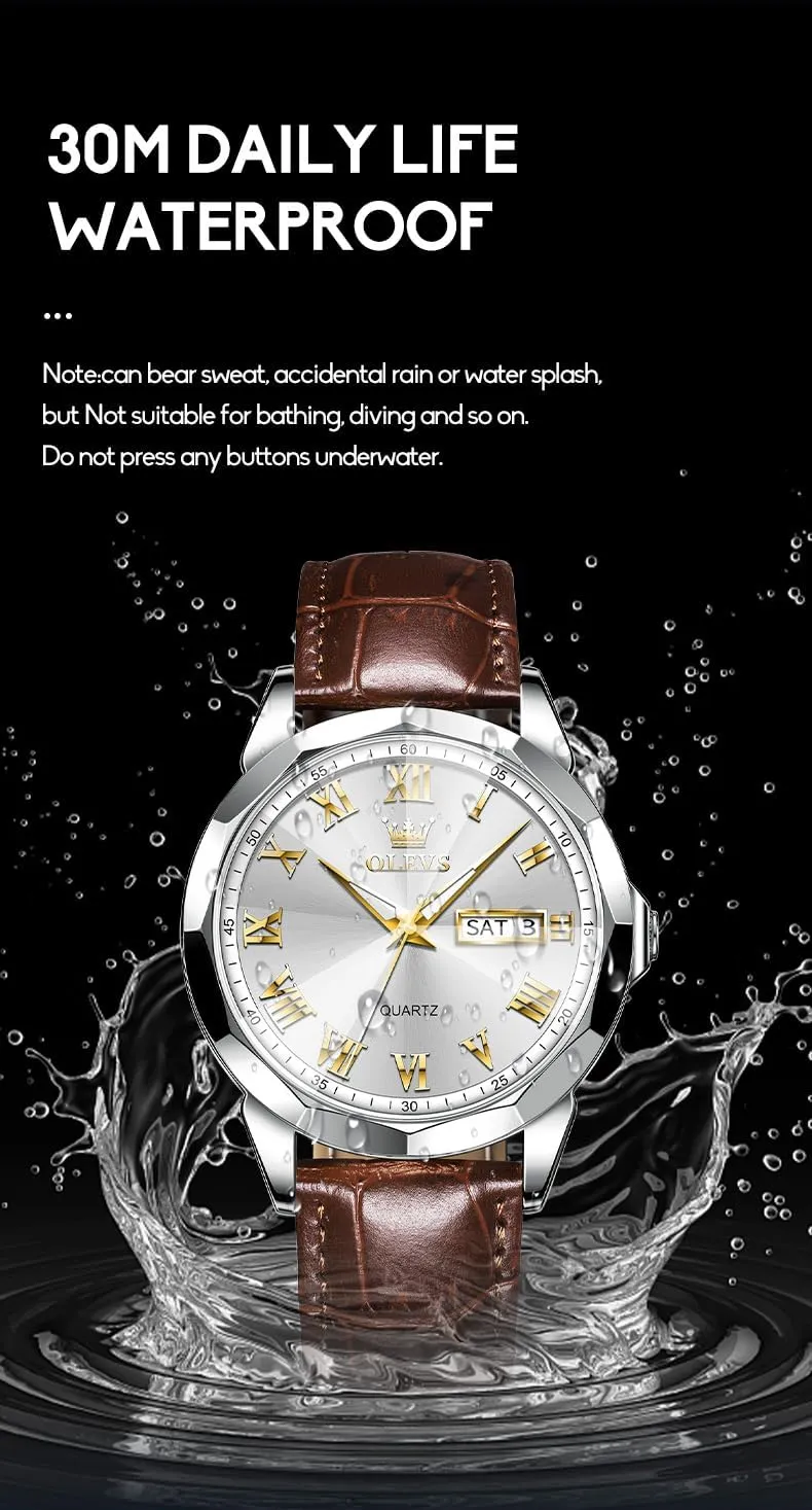 OLEVS Watches for Men Fashion Elegant Leather Band Men Watch Waterproof Quartz Analog Calendar Men's Wrist Watches Blue/White/Black