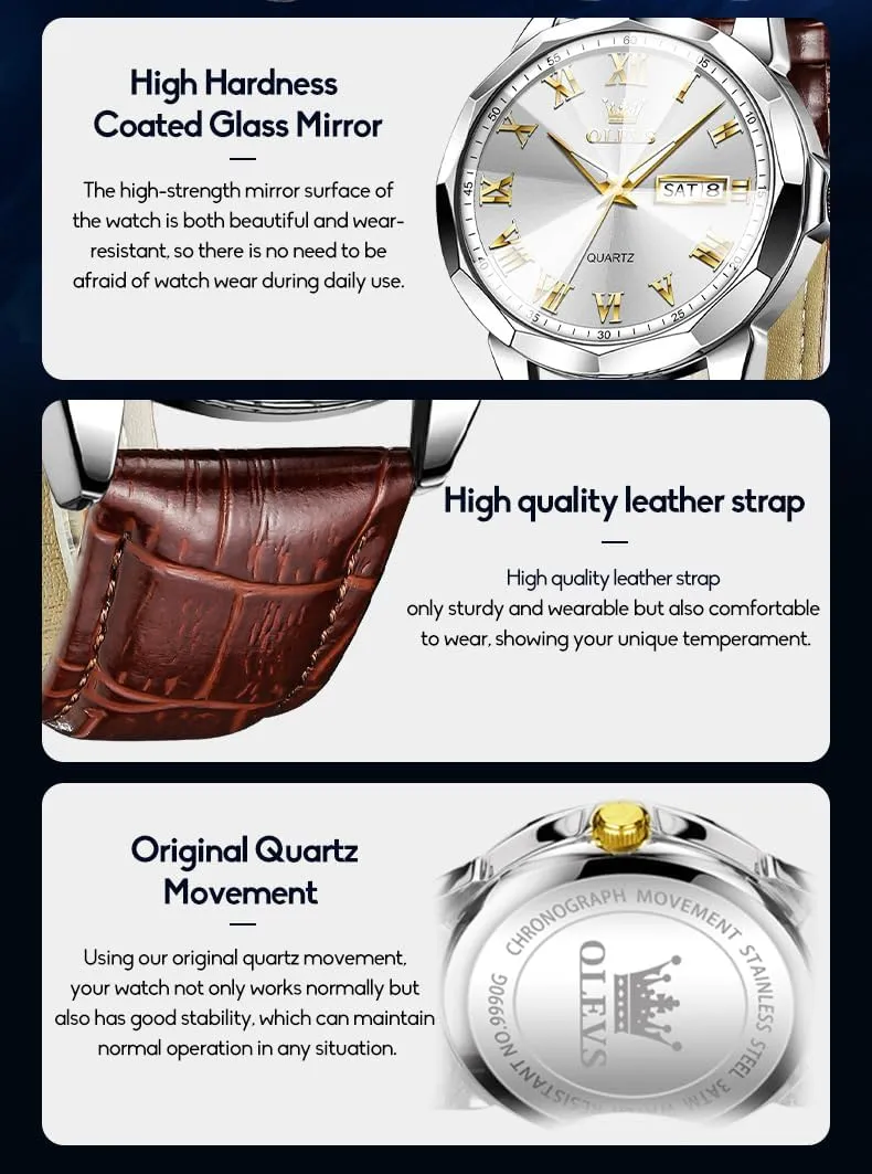 OLEVS Watches for Men Fashion Elegant Leather Band Men Watch Waterproof Quartz Analog Calendar Men's Wrist Watches Blue/White/Black