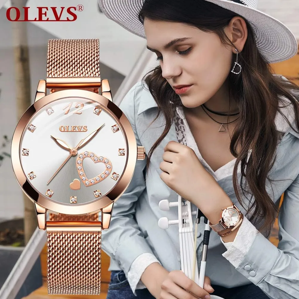 OLEVS Womens Watch Gifts Set with Bracelet Rose Gold for Lady Female Minimalist Simple Slim Thin Casual Dress Analog Quartz Wrist Watches Waterproof Two Tone