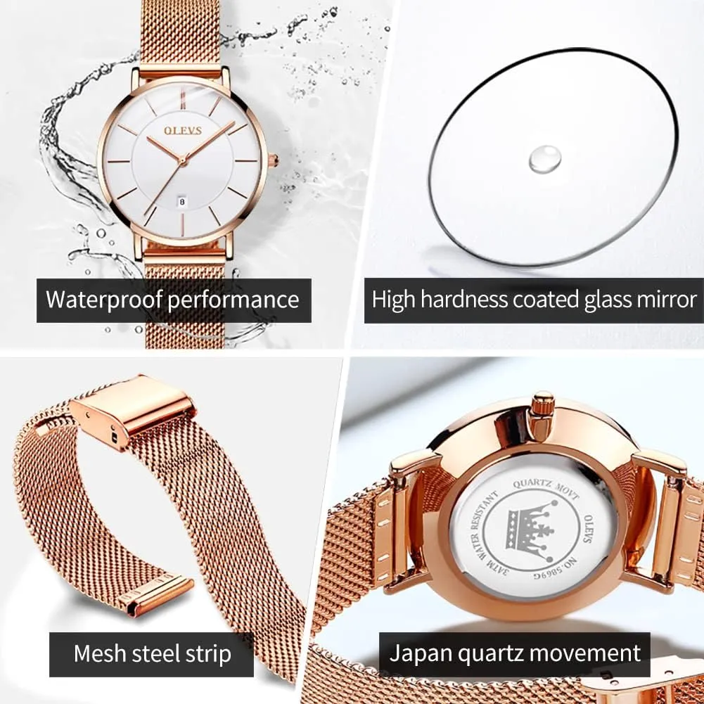OLEVS Womens Watch Gifts Set with Bracelet Rose Gold for Lady Female Minimalist Simple Slim Thin Casual Dress Analog Quartz Wrist Watches Waterproof Two Tone