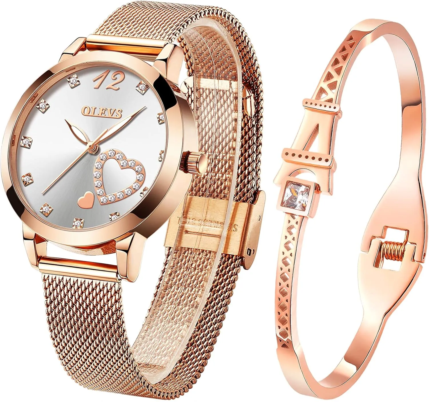 OLEVS Womens Watch Gifts Set with Bracelet Rose Gold for Lady Female Minimalist Simple Slim Thin Casual Dress Analog Quartz Wrist Watches Waterproof Two Tone