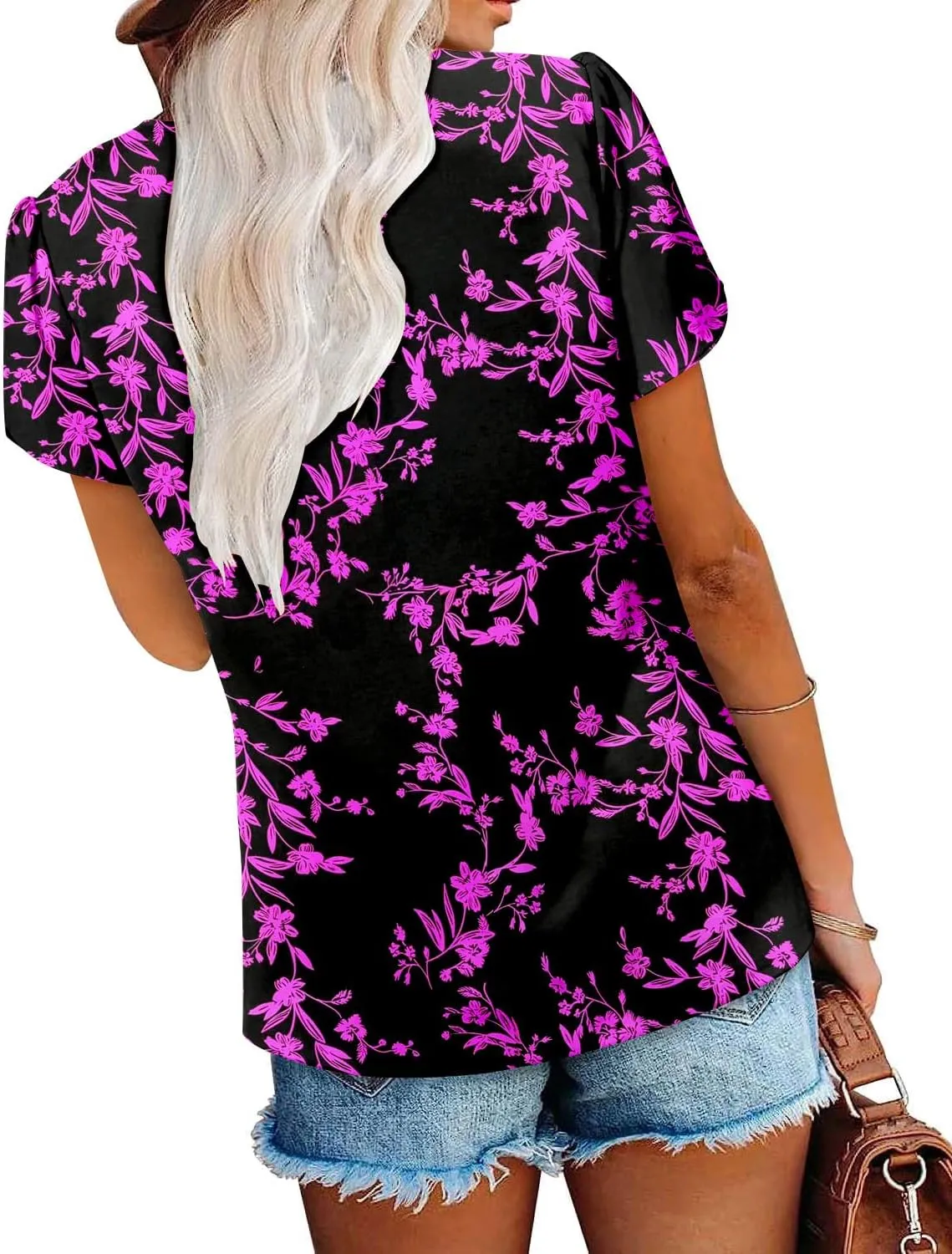 onlypuff Summer Top for Women V Neck Short Sleeve Shirts Pleated Blouse Tunic Tops to Wear with Leggings Hide Belly