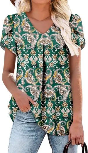 onlypuff Summer Top for Women V Neck Short Sleeve Shirts Pleated Blouse Tunic Tops to Wear with Leggings Hide Belly