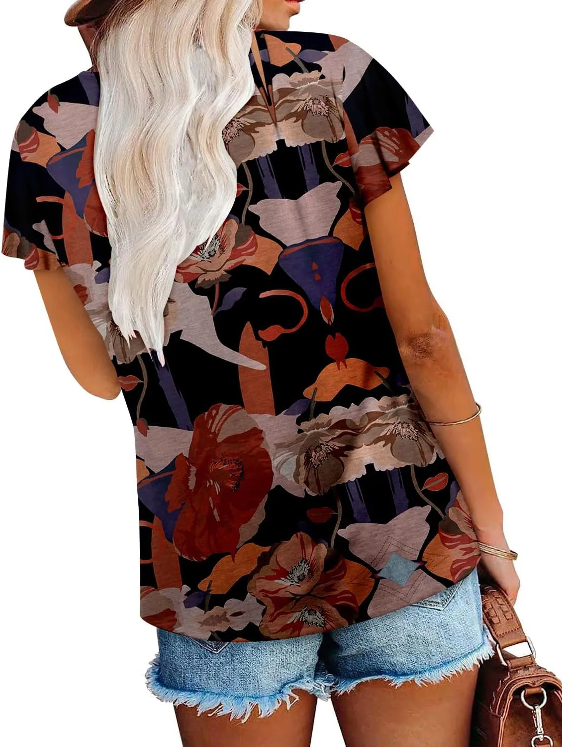 onlypuff Summer Top for Women V Neck Short Sleeve Shirts Pleated Blouse Tunic Tops to Wear with Leggings Hide Belly