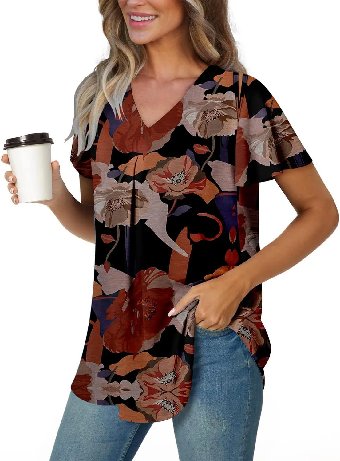 onlypuff Summer Top for Women V Neck Short Sleeve Shirts Pleated Blouse Tunic Tops to Wear with Leggings Hide Belly