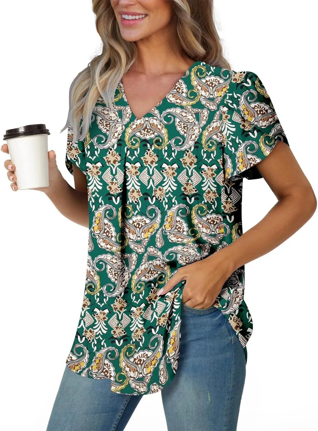 onlypuff Summer Top for Women V Neck Short Sleeve Shirts Pleated Blouse Tunic Tops to Wear with Leggings Hide Belly