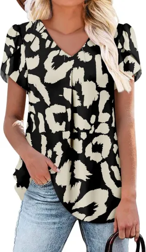 onlypuff Summer Top for Women V Neck Short Sleeve Shirts Pleated Blouse Tunic Tops to Wear with Leggings Hide Belly