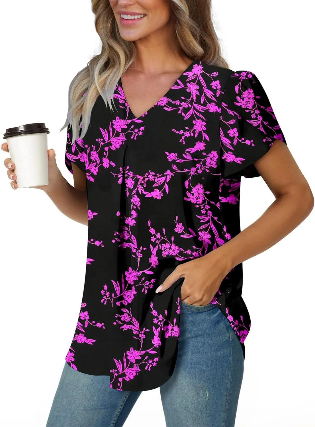 onlypuff Summer Top for Women V Neck Short Sleeve Shirts Pleated Blouse Tunic Tops to Wear with Leggings Hide Belly