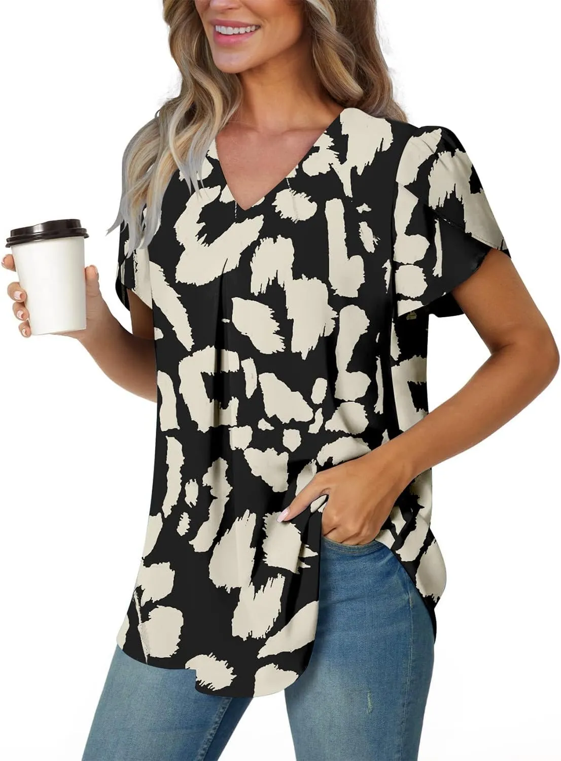 onlypuff Summer Top for Women V Neck Short Sleeve Shirts Pleated Blouse Tunic Tops to Wear with Leggings Hide Belly