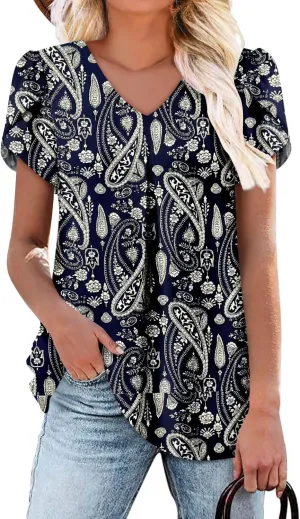 onlypuff Summer Top for Women V Neck Short Sleeve Shirts Pleated Blouse Tunic Tops to Wear with Leggings Hide Belly