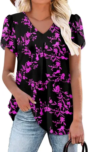 onlypuff Summer Top for Women V Neck Short Sleeve Shirts Pleated Blouse Tunic Tops to Wear with Leggings Hide Belly