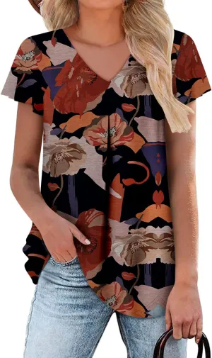 onlypuff Summer Top for Women V Neck Short Sleeve Shirts Pleated Blouse Tunic Tops to Wear with Leggings Hide Belly