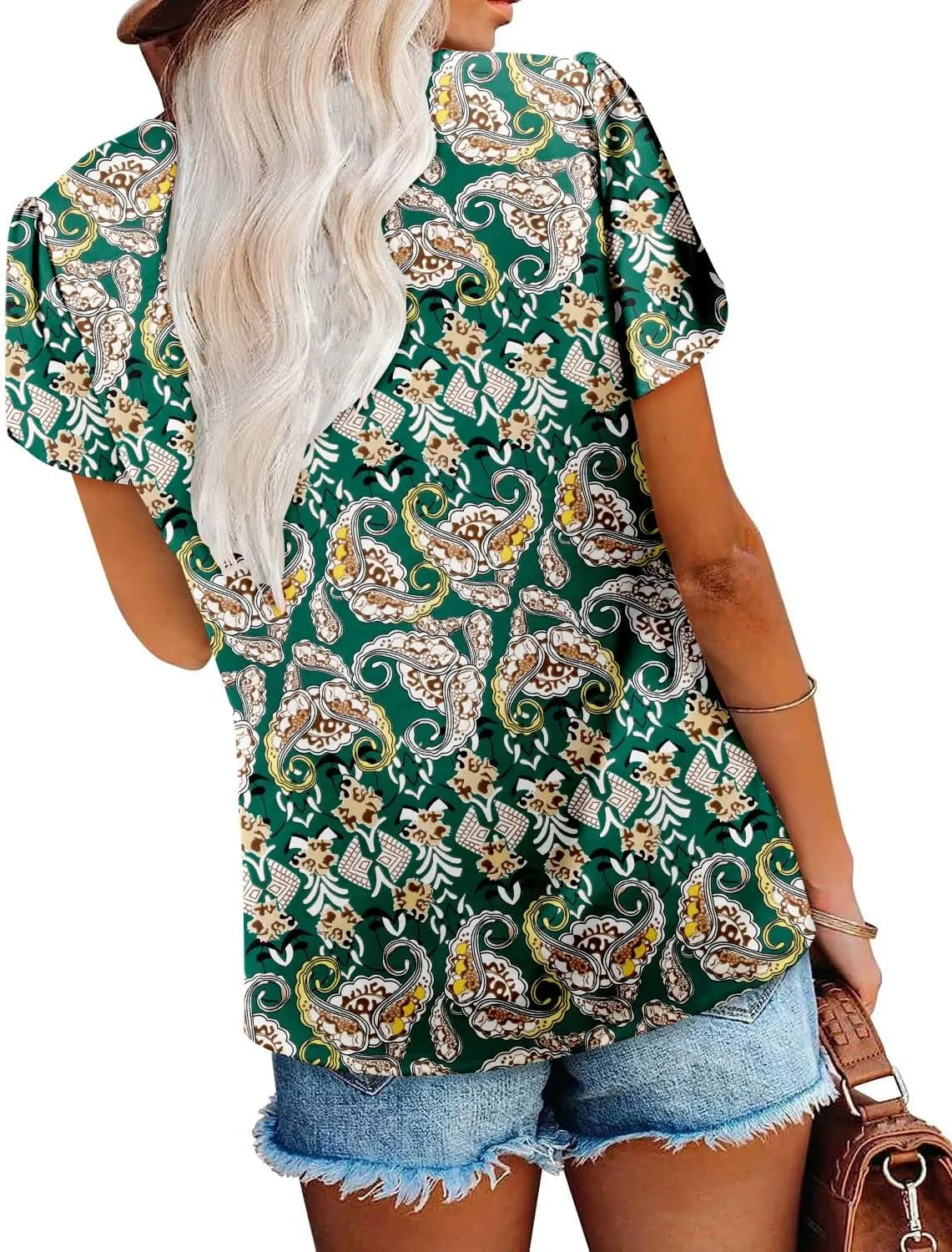 onlypuff Summer Top for Women V Neck Short Sleeve Shirts Pleated Blouse Tunic Tops to Wear with Leggings Hide Belly