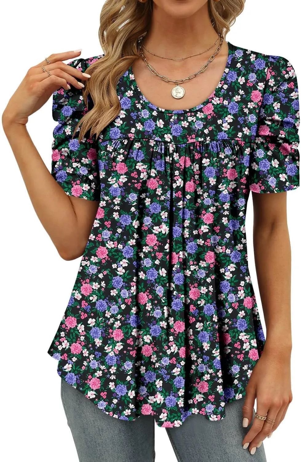 ONLYSHE Short Sleeve Shirts for Women Summer Tops Dressy Boho Blouses Crewneck Tunic Tops for Leggings S-3XL
