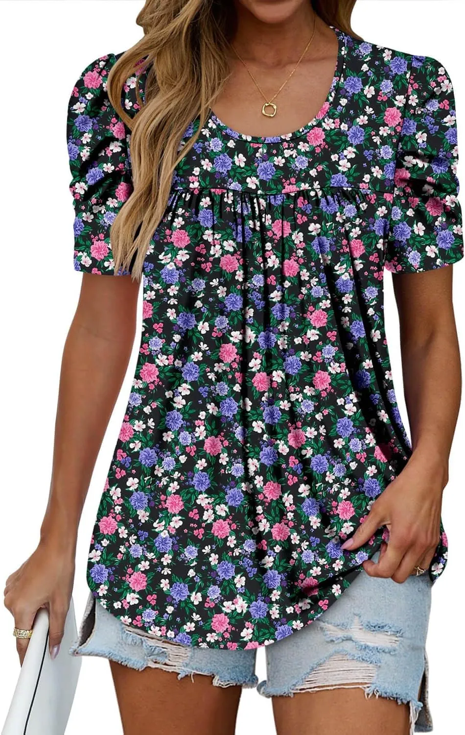 ONLYSHE Short Sleeve Shirts for Women Summer Tops Dressy Boho Blouses Crewneck Tunic Tops for Leggings S-3XL