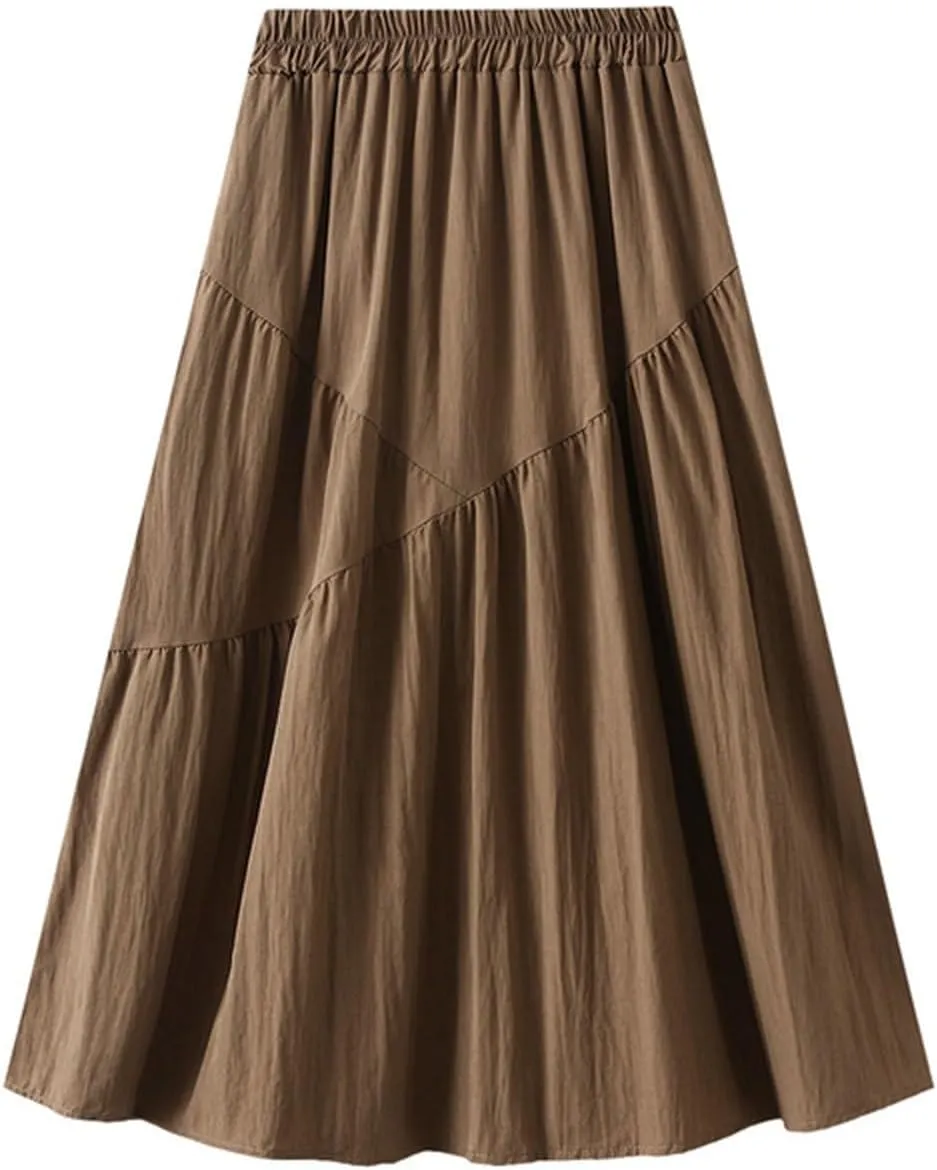 Oplxuo Women's Elastic High Waist Midi Skirts Plain Tiered A Line Swing Flared Pleated Skirt