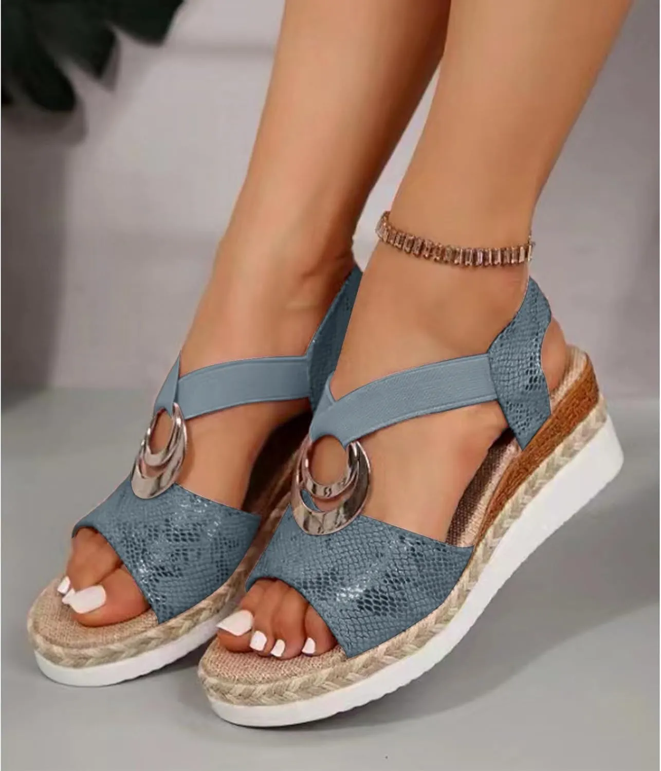 Orthopedic Wedge Sandals for Women Open Toe Ankle Strap Sandals Arch Support Espadrilles Wedges Sandal Comfortable Dressy Summer Shoes Fashion Casual Beach Sandal with Metal Buckle