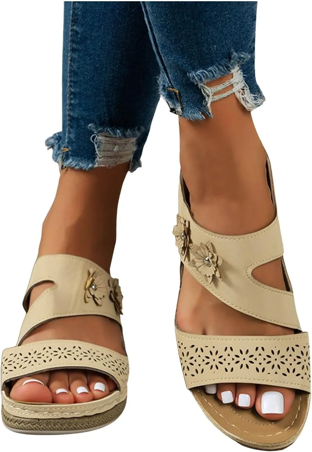 Orthowalkway Orthopedic Wedge Sandals for Women Casual Strappy Wide Width Slide Sandals Slip On Walking Beach Shoes
