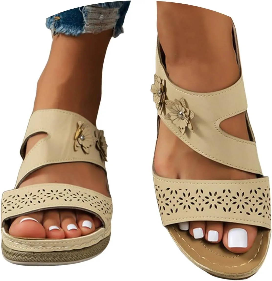 Orthowalkway Orthopedic Wedge Sandals for Women Casual Strappy Wide Width Slide Sandals Slip On Walking Beach Shoes