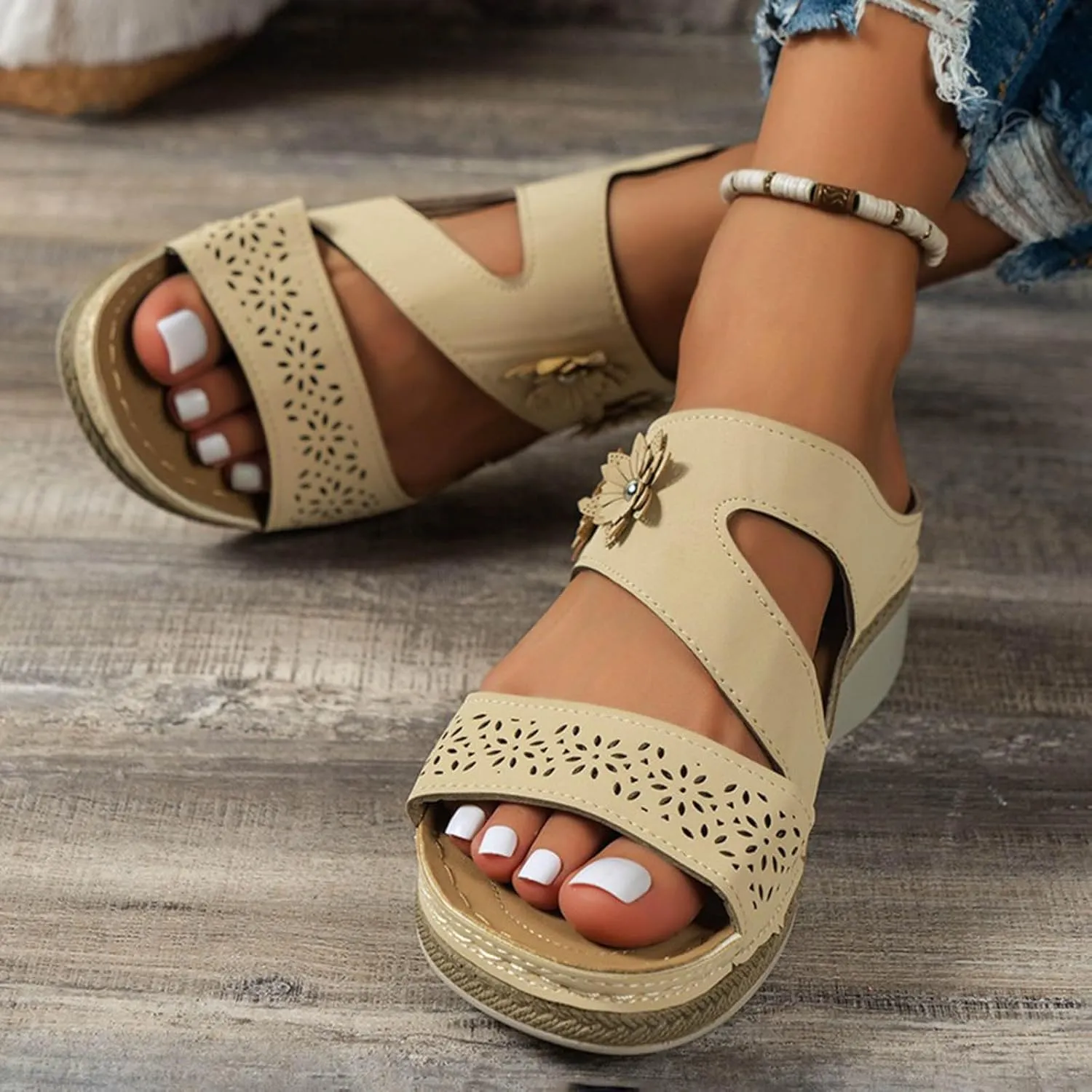 Orthowalkway Orthopedic Wedge Sandals for Women Casual Strappy Wide Width Slide Sandals Slip On Walking Beach Shoes