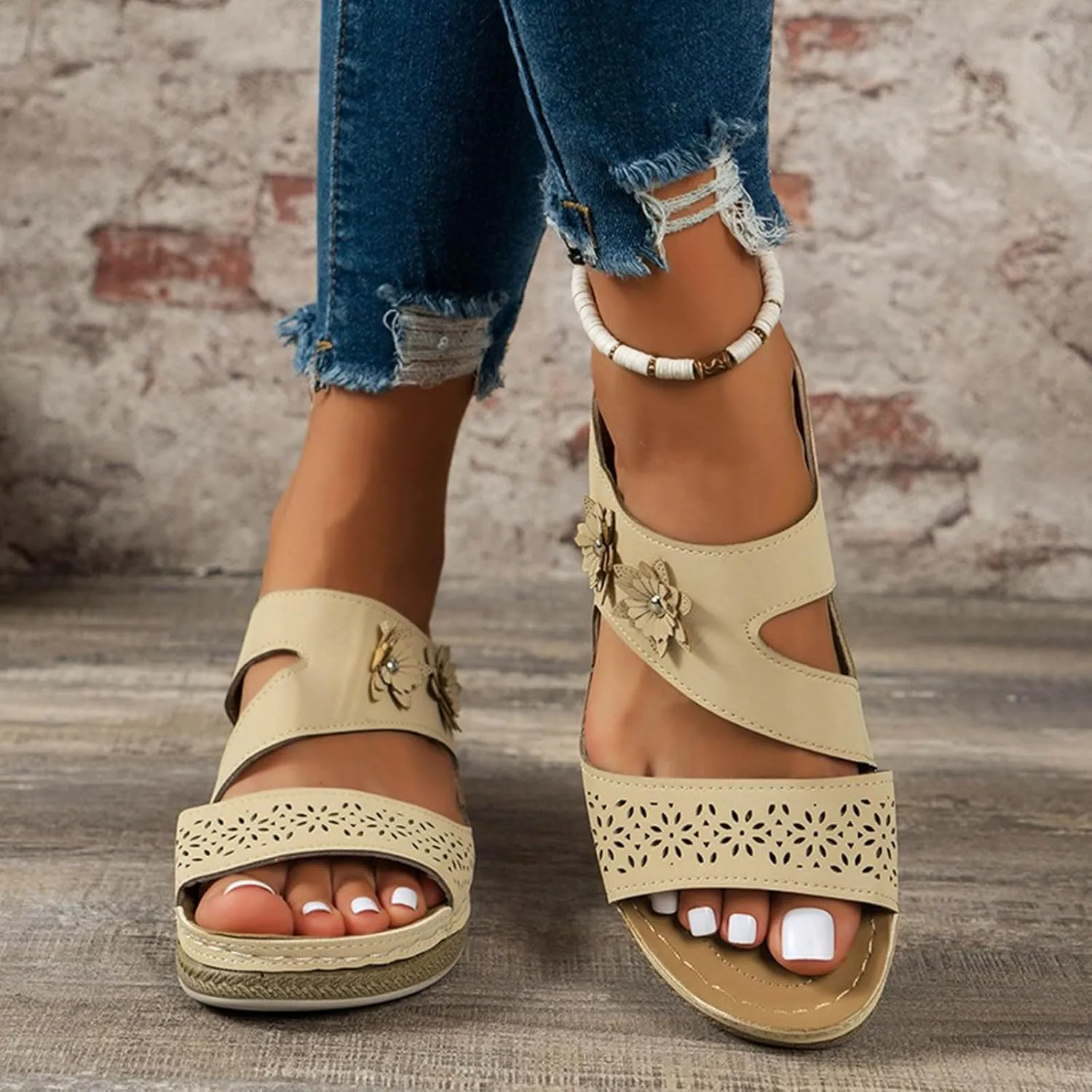 Orthowalkway Orthopedic Wedge Sandals for Women Casual Strappy Wide Width Slide Sandals Slip On Walking Beach Shoes