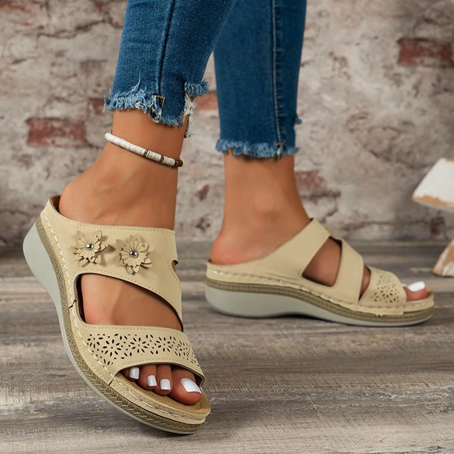 Orthowalkway Orthopedic Wedge Sandals for Women Casual Strappy Wide Width Slide Sandals Slip On Walking Beach Shoes