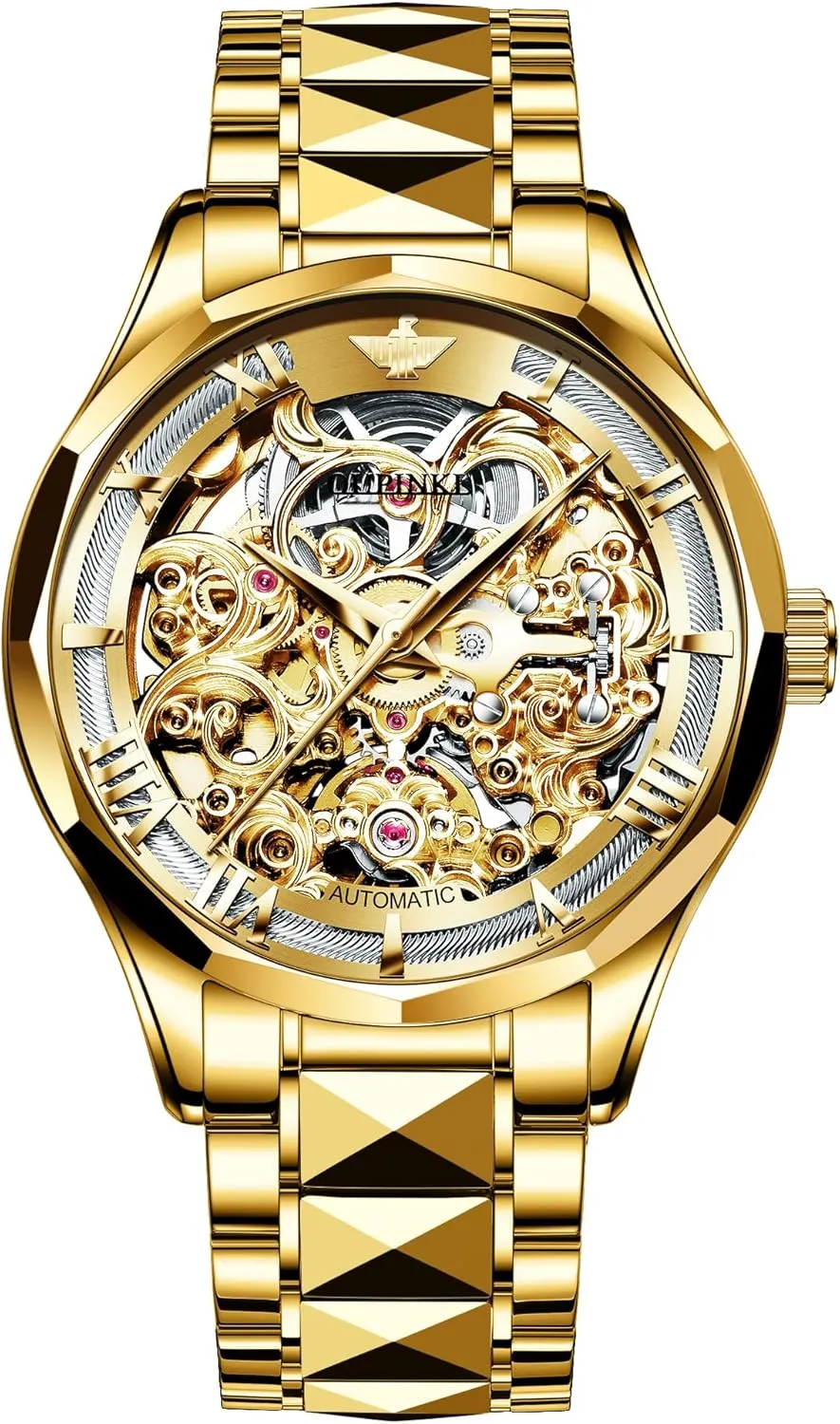 OUPINKE Dragon Skeleton Mens Wrist Watches Luxury Dress Automatic Self Winding Mechanical Sapphire Crystal Diamond Waterproof Luminous Tungsten Steel Band Watches