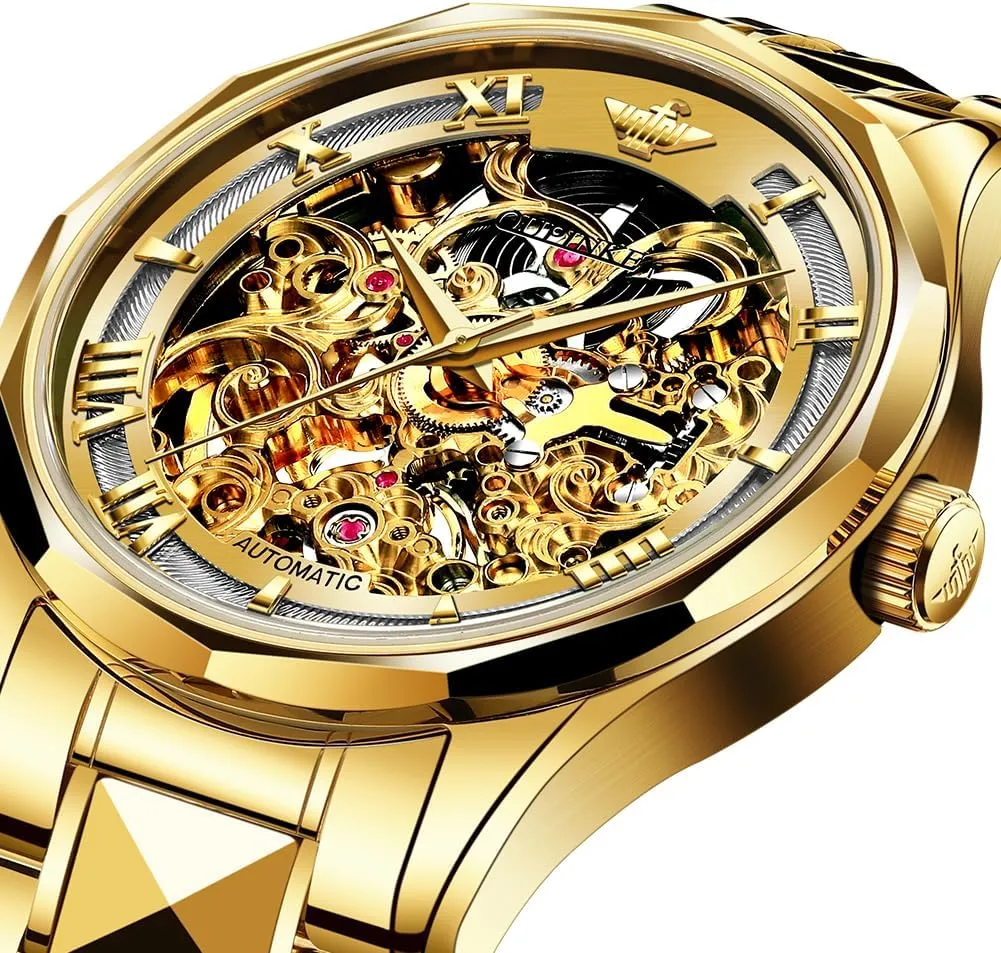 OUPINKE Dragon Skeleton Mens Wrist Watches Luxury Dress Automatic Self Winding Mechanical Sapphire Crystal Diamond Waterproof Luminous Tungsten Steel Band Watches
