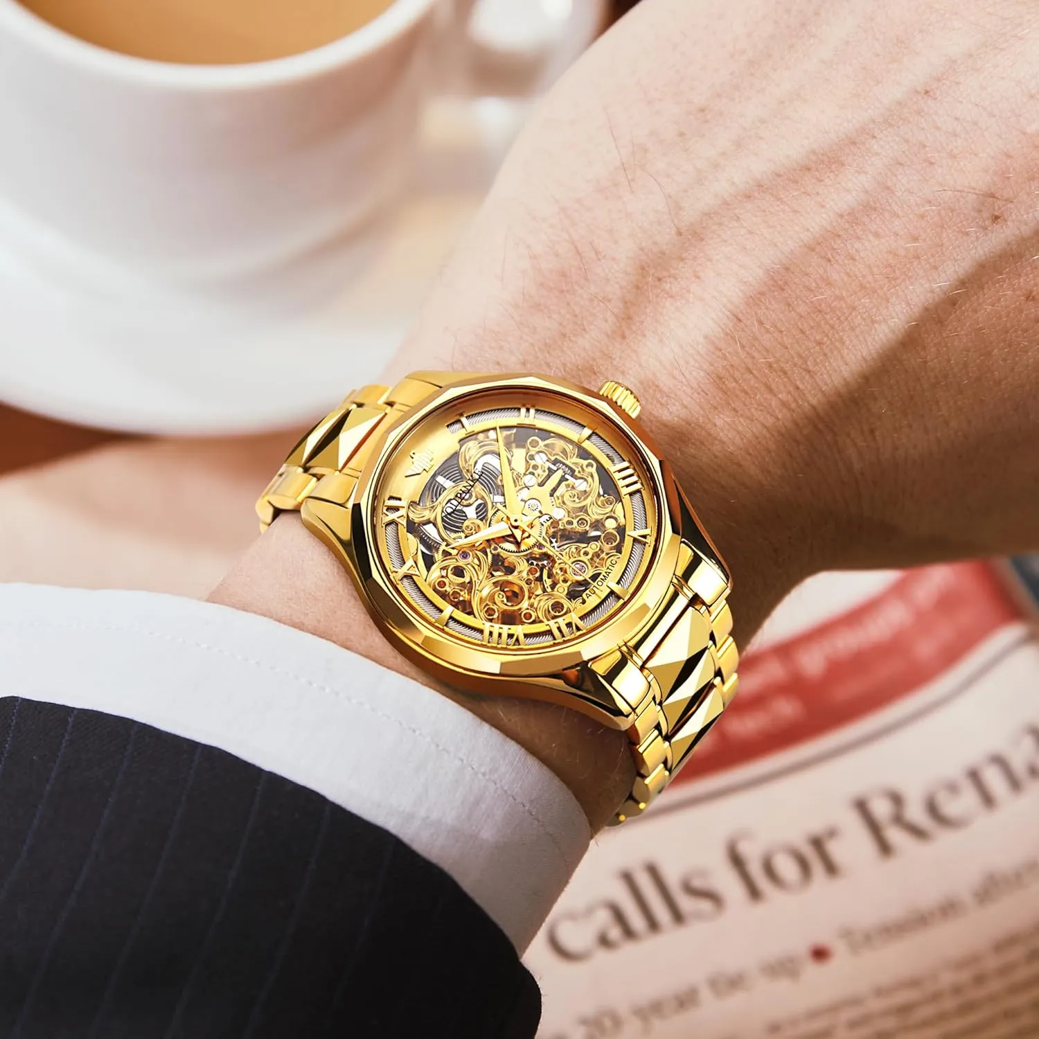 OUPINKE Dragon Skeleton Mens Wrist Watches Luxury Dress Automatic Self Winding Mechanical Sapphire Crystal Diamond Waterproof Luminous Tungsten Steel Band Watches