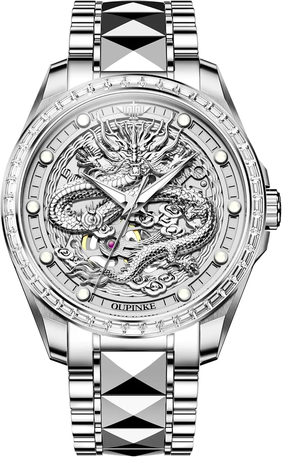 OUPINKE Dragon Skeleton Mens Wrist Watches Luxury Dress Automatic Self Winding Mechanical Sapphire Crystal Diamond Waterproof Luminous Tungsten Steel Band Watches