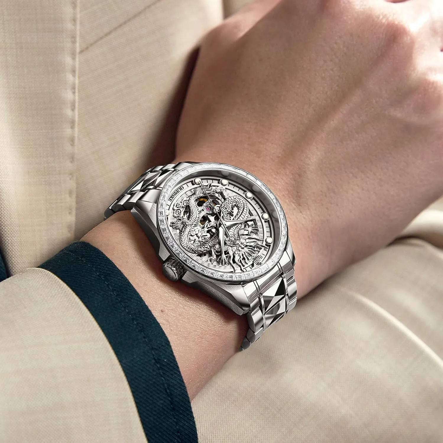 OUPINKE Dragon Skeleton Mens Wrist Watches Luxury Dress Automatic Self Winding Mechanical Sapphire Crystal Diamond Waterproof Luminous Tungsten Steel Band Watches