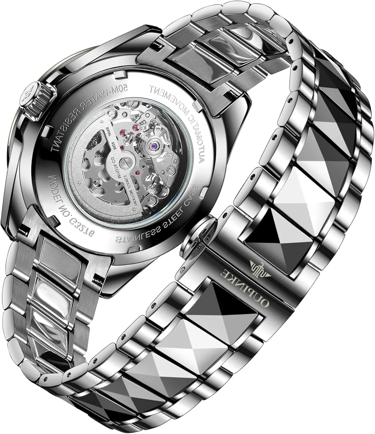 OUPINKE Dragon Skeleton Mens Wrist Watches Luxury Dress Automatic Self Winding Mechanical Sapphire Crystal Diamond Waterproof Luminous Tungsten Steel Band Watches