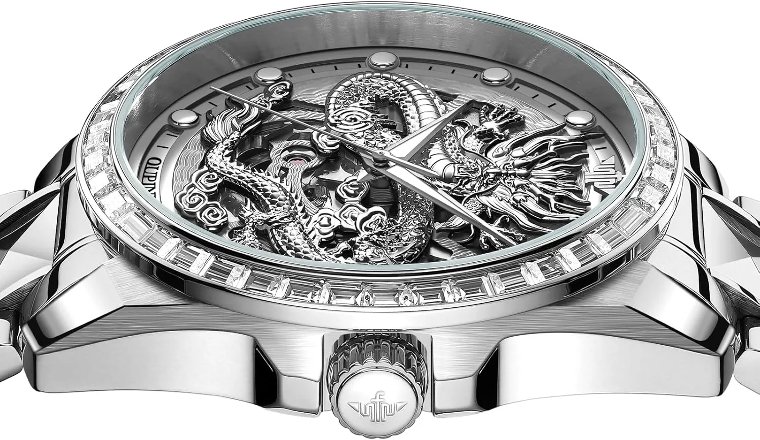 OUPINKE Dragon Skeleton Mens Wrist Watches Luxury Dress Automatic Self Winding Mechanical Sapphire Crystal Diamond Waterproof Luminous Tungsten Steel Band Watches