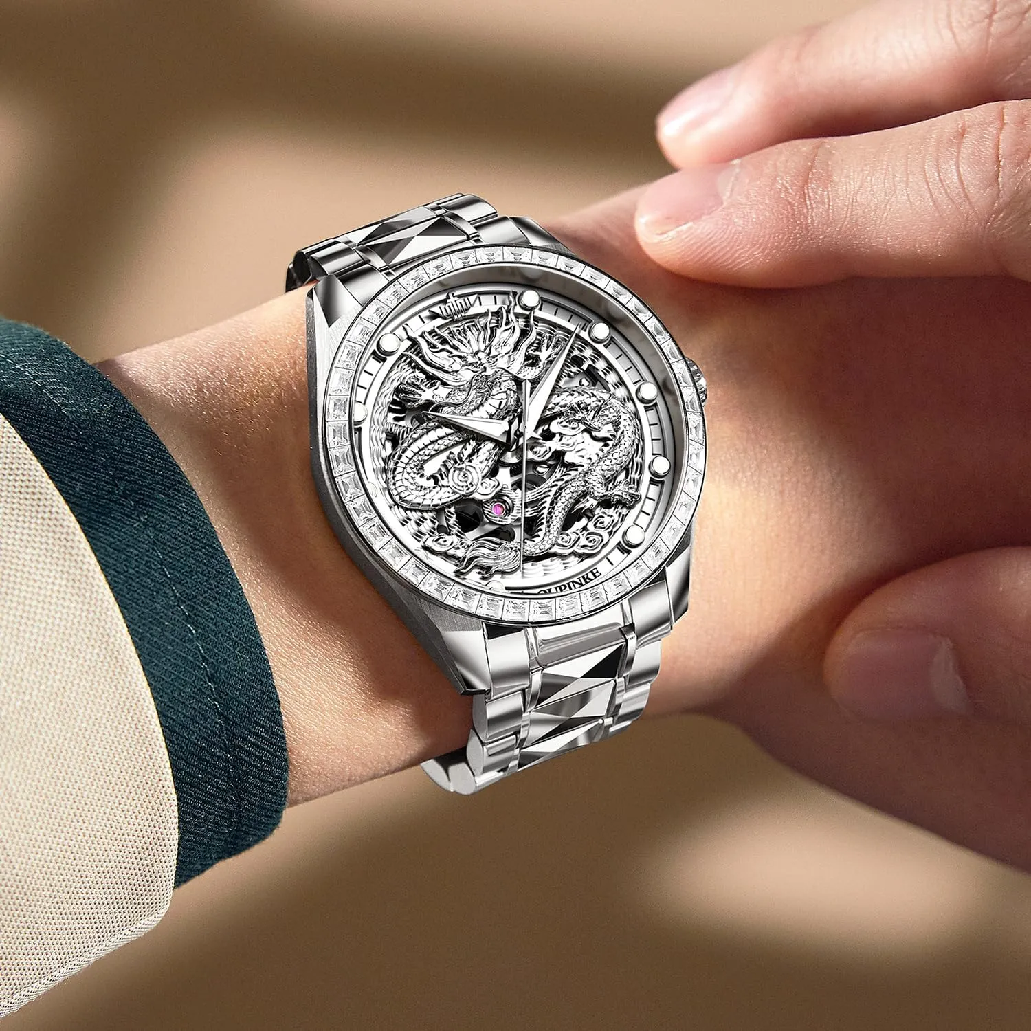 OUPINKE Dragon Skeleton Mens Wrist Watches Luxury Dress Automatic Self Winding Mechanical Sapphire Crystal Diamond Waterproof Luminous Tungsten Steel Band Watches