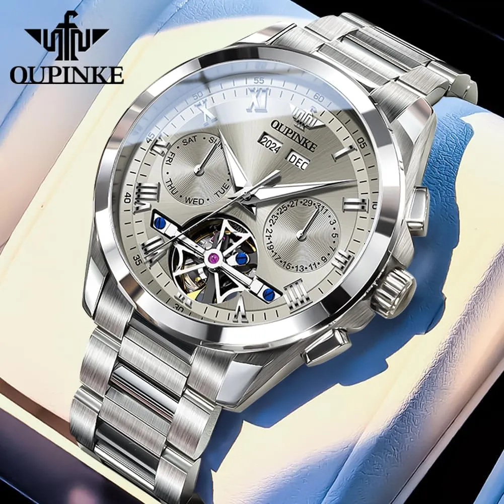 OUPINKE Men Skeleton Watch Automatic Mechanical Luxury Dress Waterproof Tourbillion Sapphire Crystal Wrist Watches for Men