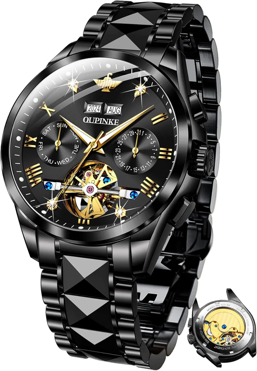 OUPINKE Mens Automatic Watch Diamond Skeleton Mechanical Self Winding Luxury Dress Wrist Watch Sapphire Crystal Tungsten