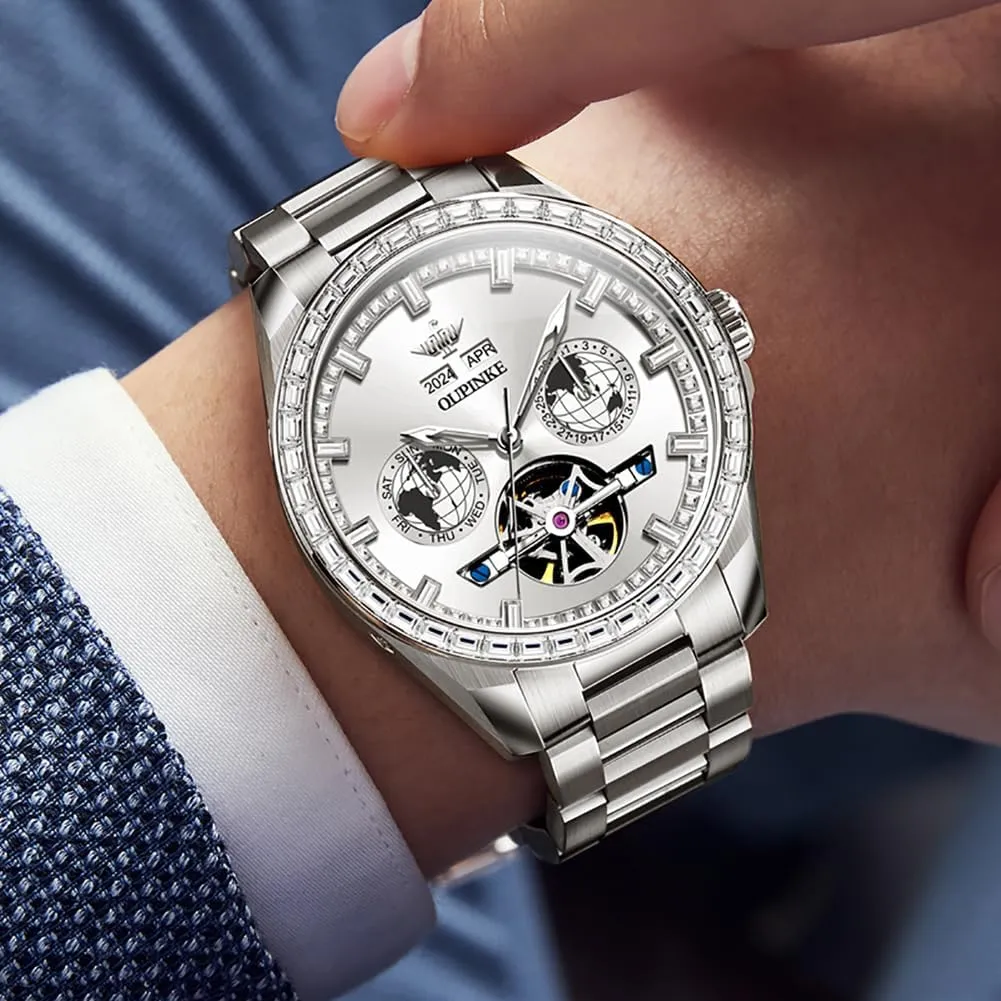 OUPINKE Mens Automatic Watches Diamond Skeleton Self Winding Luxury Dress Wrist Watch Sapphire Crystal Tungsten Steel