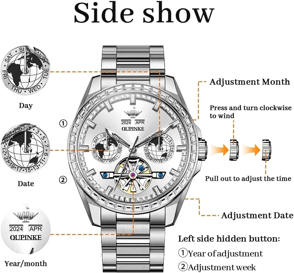 OUPINKE Mens Automatic Watches Diamond Skeleton Self Winding Luxury Dress Wrist Watch Sapphire Crystal Tungsten Steel