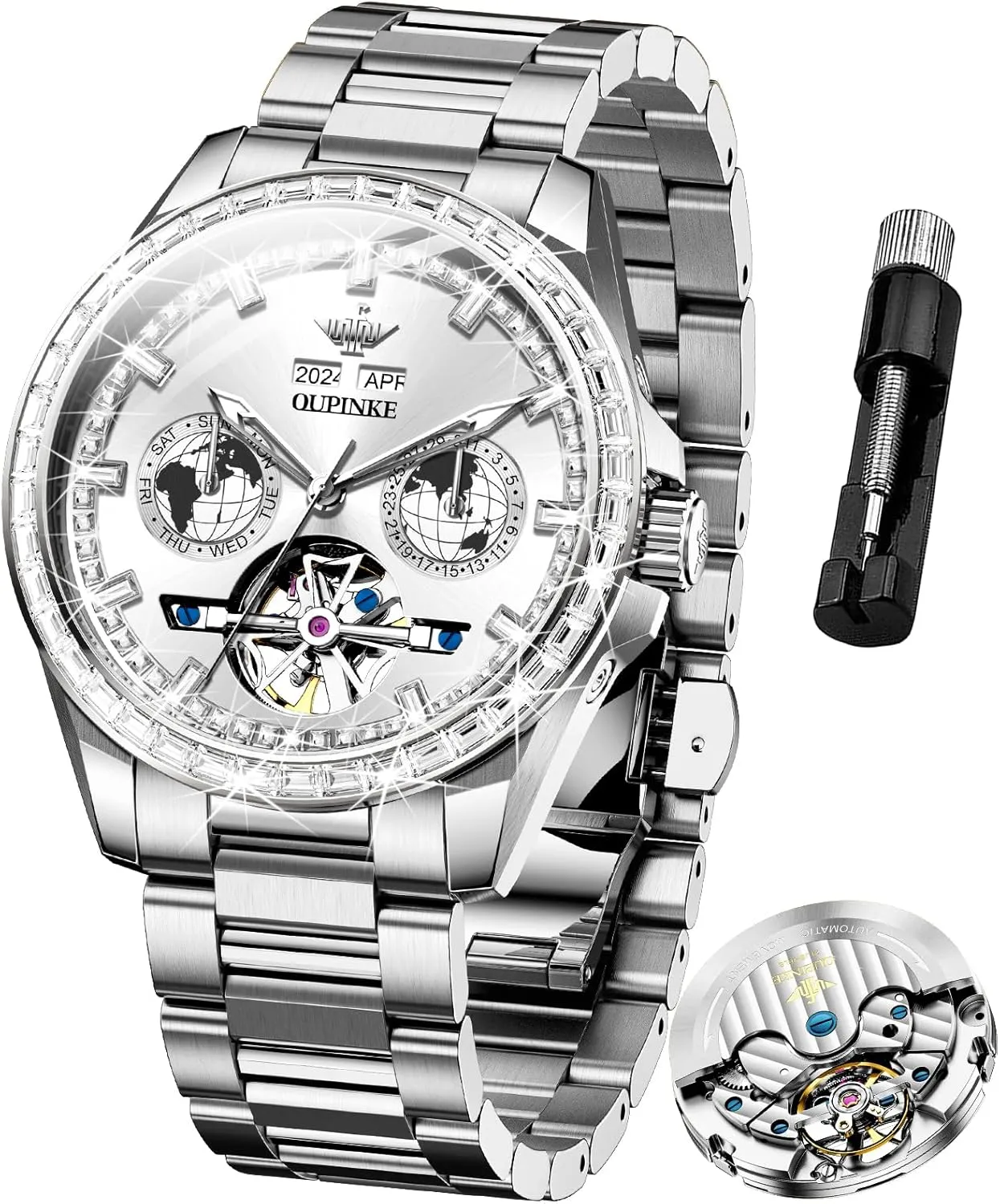 OUPINKE Mens Automatic Watches Diamond Skeleton Self Winding Luxury Dress Wrist Watch Sapphire Crystal Tungsten Steel