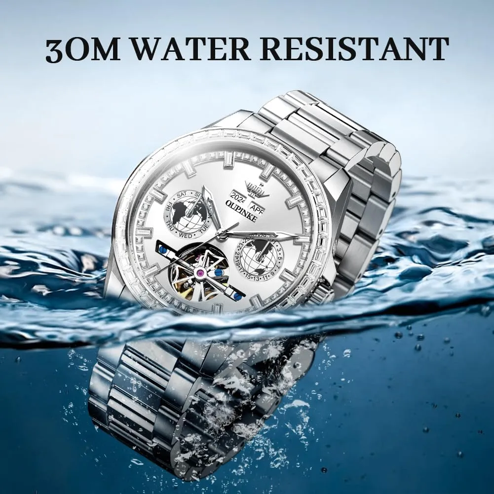 OUPINKE Mens Automatic Watches Diamond Skeleton Self Winding Luxury Dress Wrist Watch Sapphire Crystal Tungsten Steel