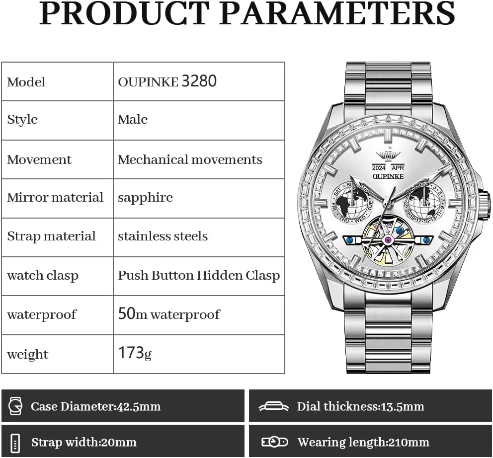 OUPINKE Mens Automatic Watches Diamond Skeleton Self Winding Luxury Dress Wrist Watch Sapphire Crystal Tungsten Steel