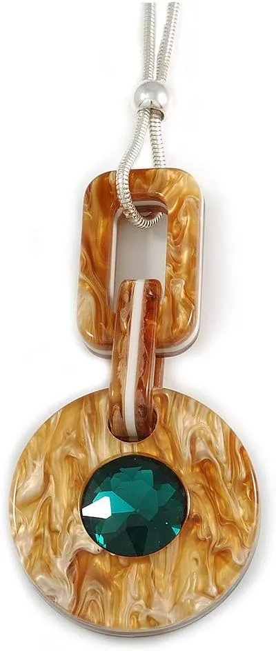 Oversized Brown Round Resin Pendant with Green Crystal on Light Silver Thick Chain - 88cm L/ 5cm L
