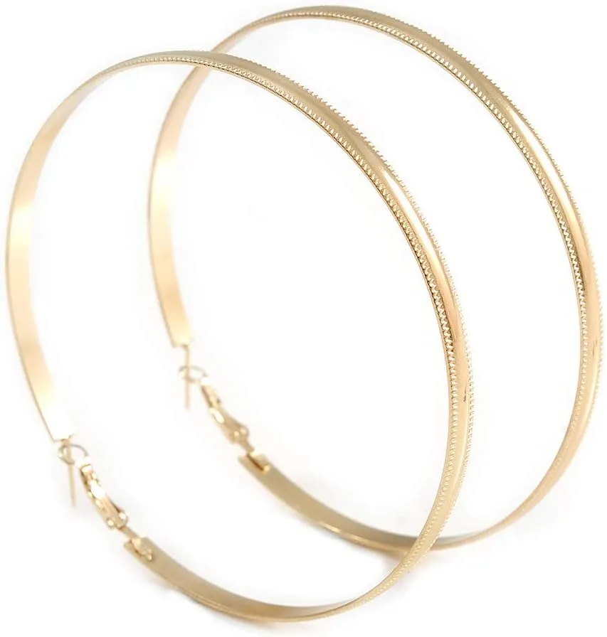 Oversized Hoop Earrings In Gold Tone Metal with Etched Detailing - 90mm Diameter