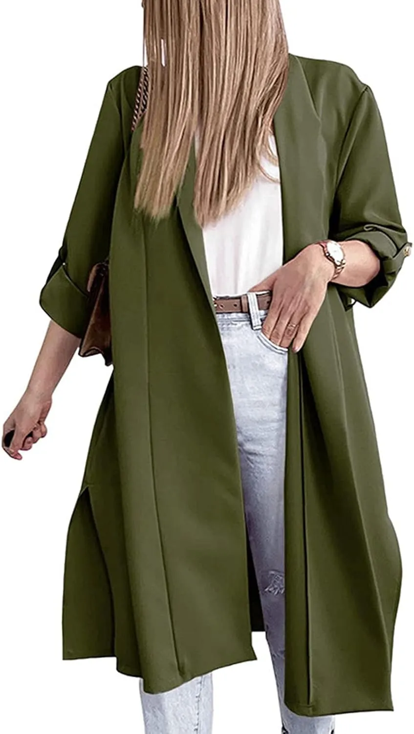 Oversized Long Blazer Cardigans for Women Open Front Ankle Length Long Sleeve Trench Coats Casual Dressy Outwear