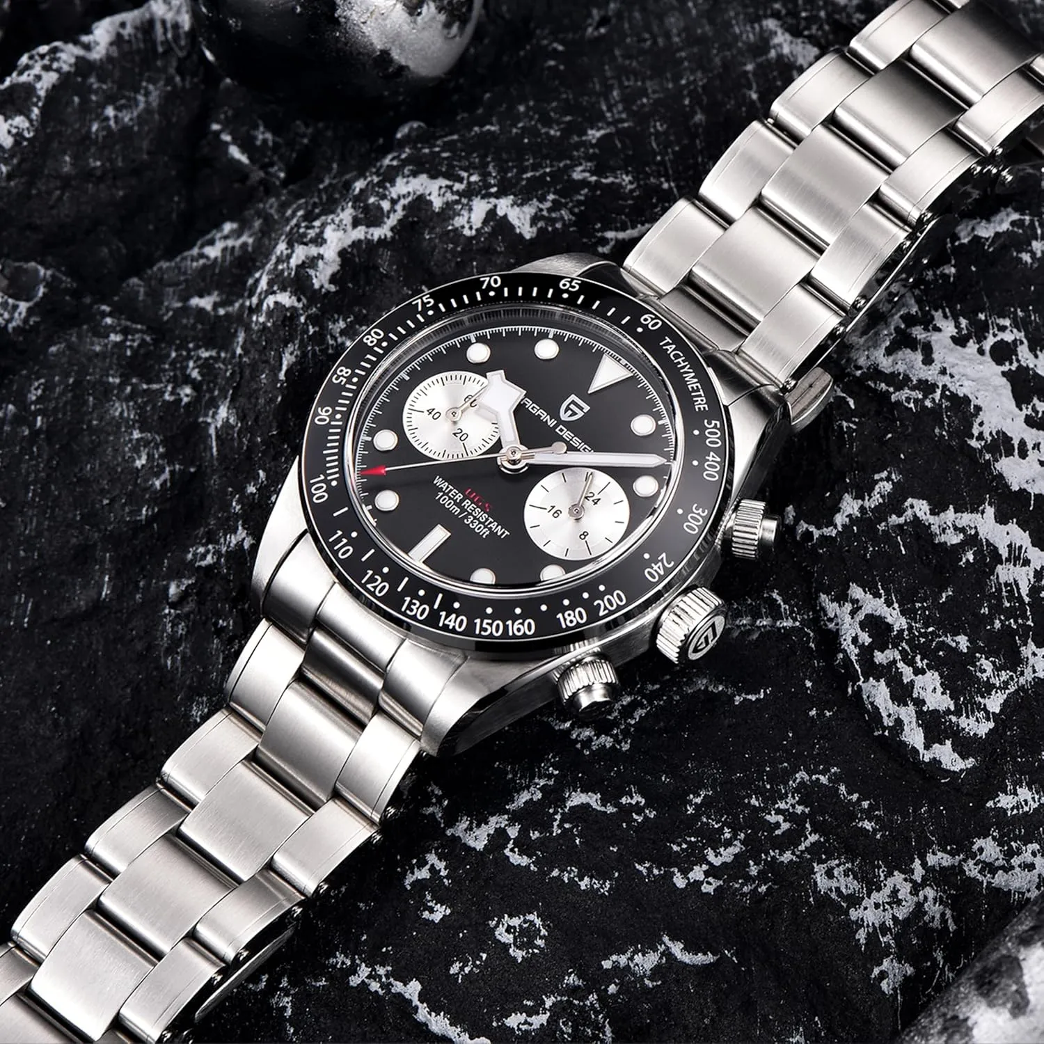 Pagani Design 1718 Men's Watch Chronograph Watch VK64 Quartz Movement Ceramic Bezel Stainless Steel Strap 100m Water Resistant Luminous Luxury Business Watch.