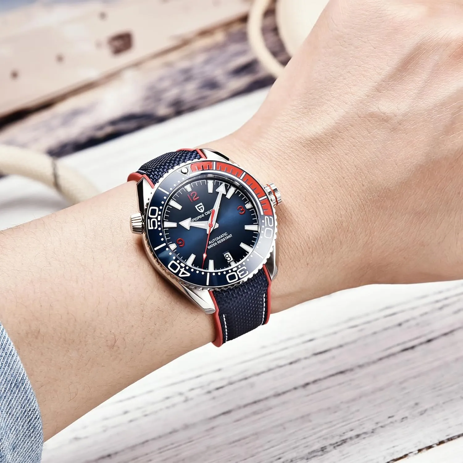 Pagani Design Men's Watch Automatic NH35 Mechanical Watch Ceramic Bezel Stainless Steel 100m Waterproof Diving Sports Strap Date Luminous Luxury Watch Rubber Strap