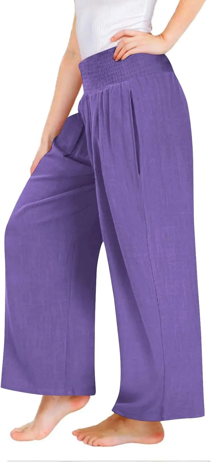 Palazzo Pants for Girls Summer Casual Linen Smocked High Waist Wide Leg Trousers Travel Vacation Pant with Pockets