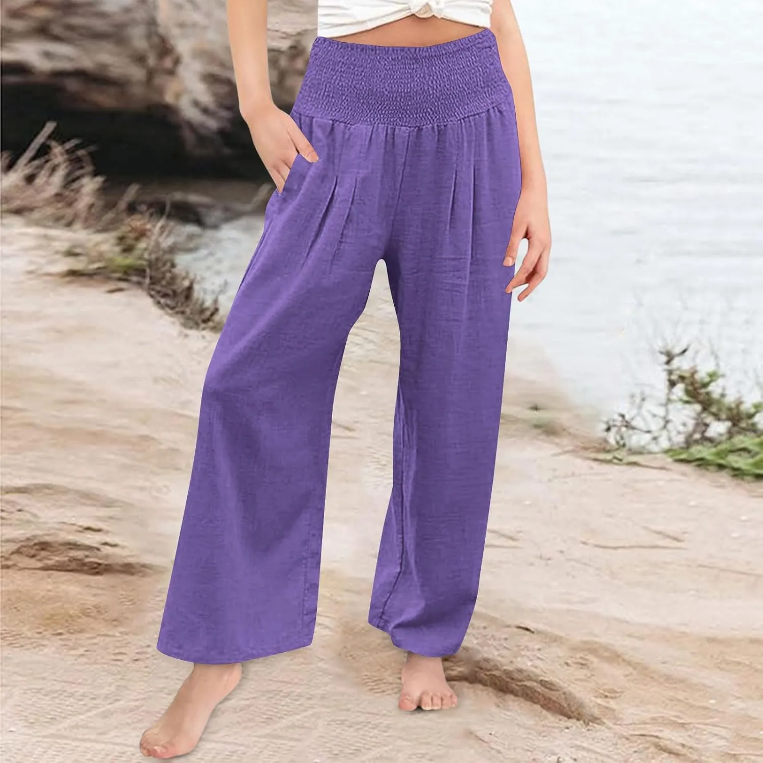 Palazzo Pants for Girls Summer Casual Linen Smocked High Waist Wide Leg Trousers Travel Vacation Pant with Pockets